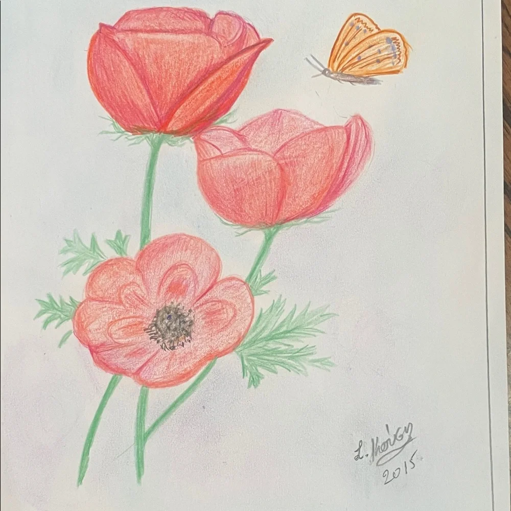 Original Floral and Butterfly Art Signed by Artist L Kousy 2015 - Picture 3 of 7